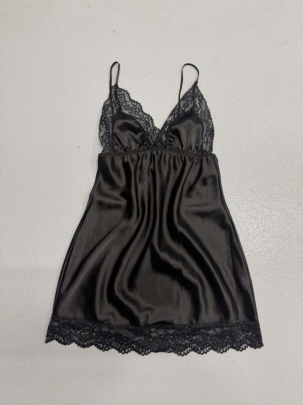 Black Satin Chemise with Lace Trim and Adjustable Straps